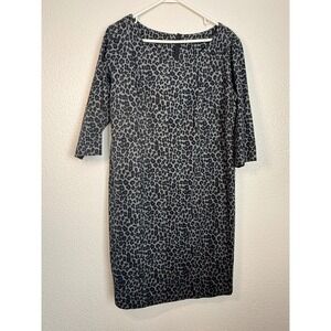 Talbots Woman Grey Blue Leopard Print Ponte Knit Sheath Dress 12W 3/4‎ Sleeve